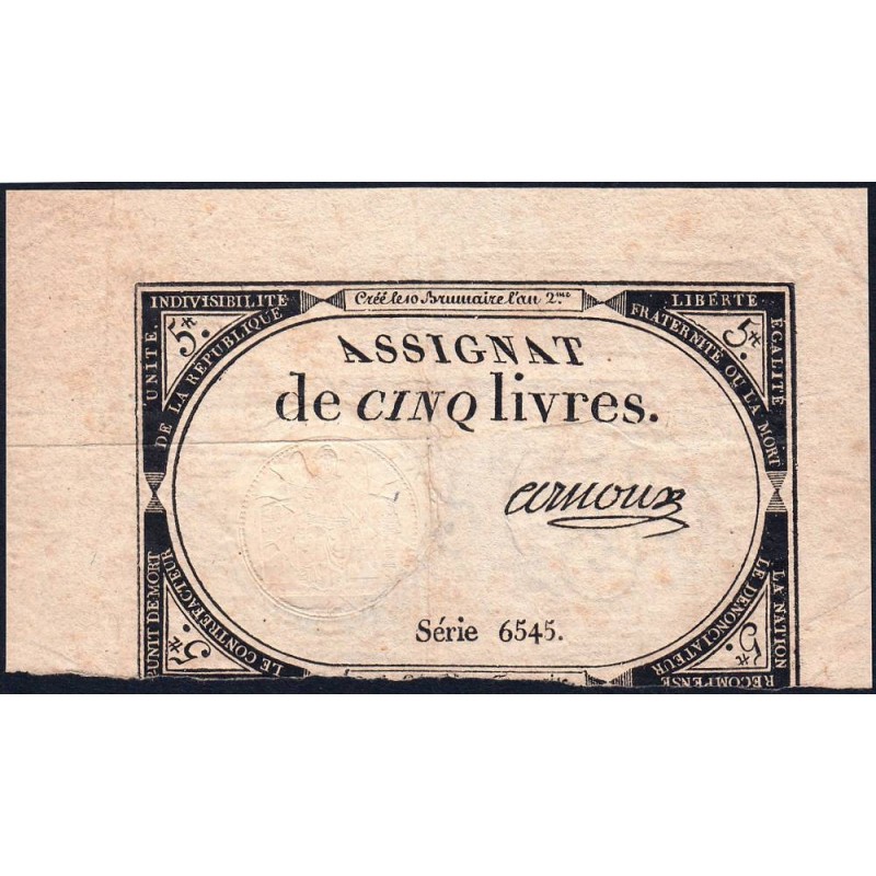 Assignat 46a - 5 livres - 10 brumaire an 2 - Signature 2 - Etat : B