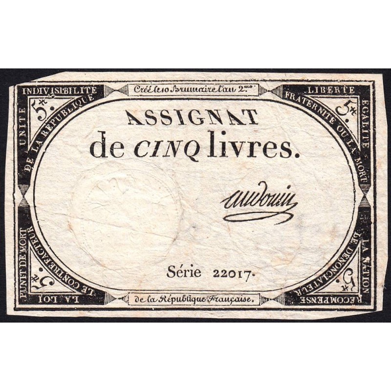 Assignat 46a - 5 livres - 10 brumaire an 2 - Signature 3 - Etat : TB