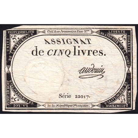 Assignat 46a - 5 livres - 10 brumaire an 2 - Signature 3 - Etat : TB