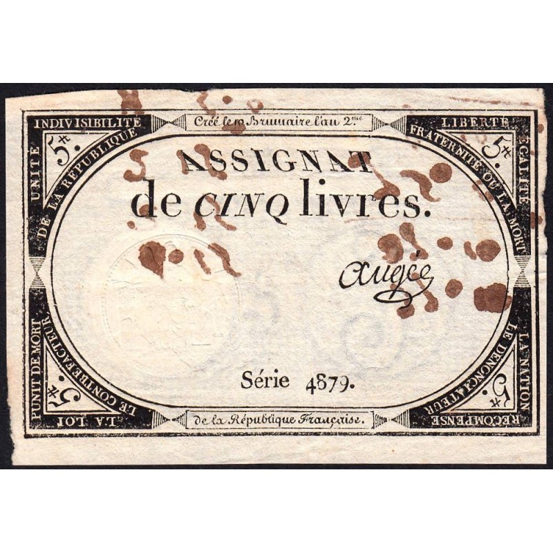 Assignat 46a - 5 livres - 10 brumaire an 2 - Signature 4 - Etat : TTB+