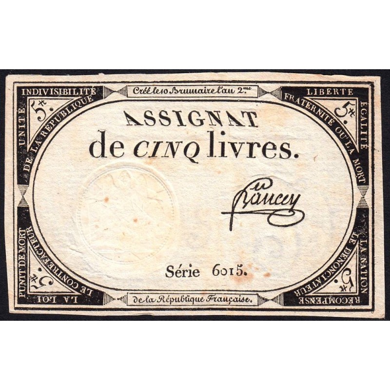 Assignat 46a - 5 livres - 10 brumaire an 2 - Signature 8 - Etat : SUP+