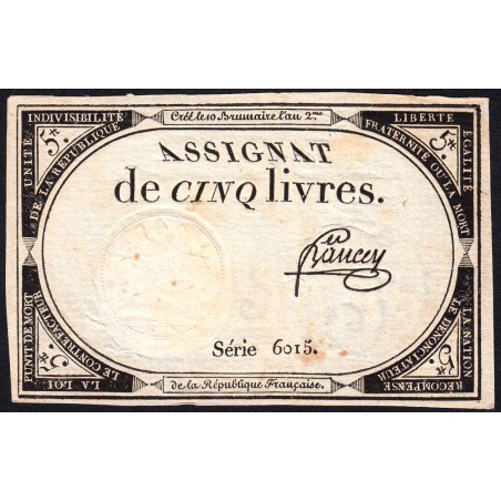 Assignat 46a - 5 livres - 10 brumaire an 2 - Signature 8 - Etat : SUP+