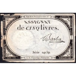 Assignat 46a - 5 livres - 10 brumaire an 2 - Signature 9 - Etat : B