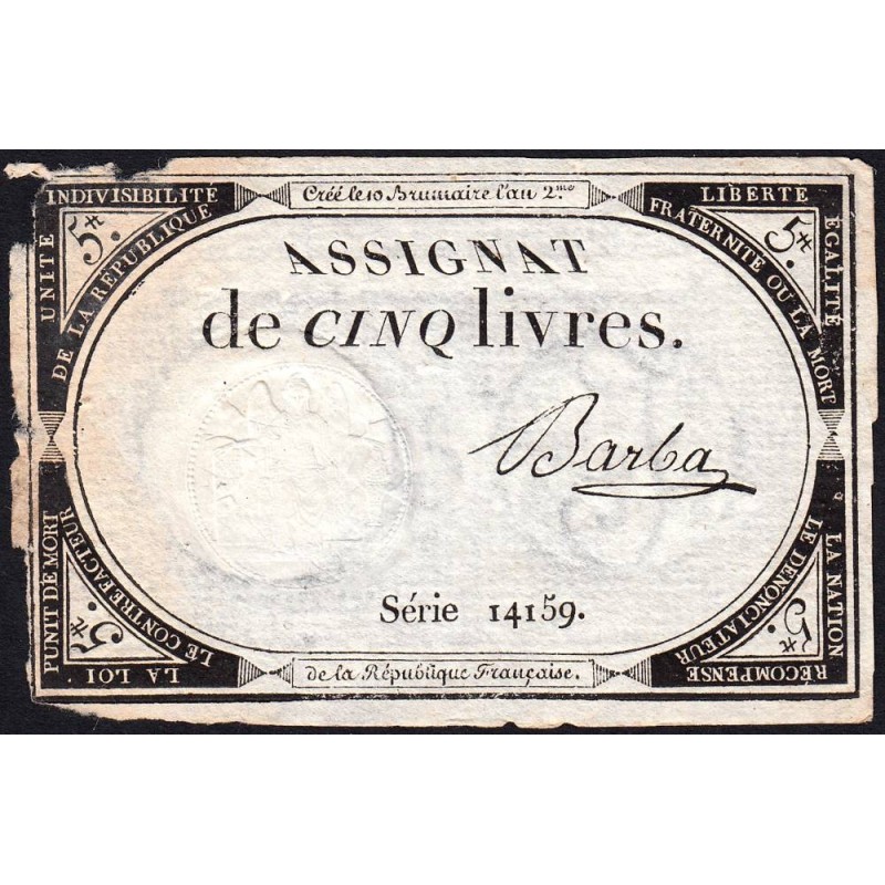 Assignat 46a - 5 livres - 10 brumaire an 2 - Signature 9 - Etat : B