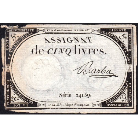Assignat 46a - 5 livres - 10 brumaire an 2 - Signature 9 - Etat : B