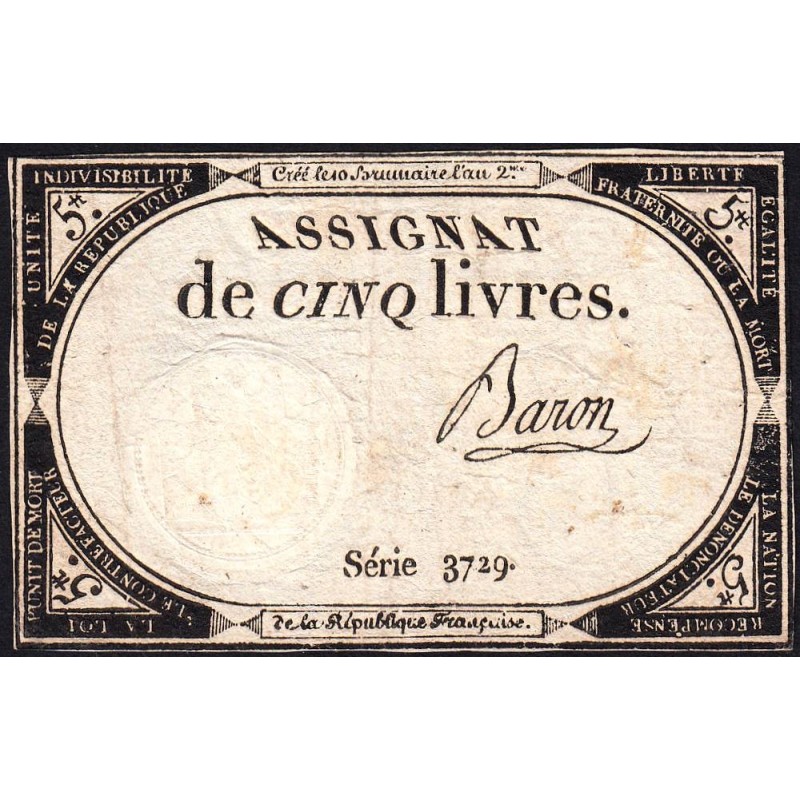 Assignat 46a - 5 livres - 10 brumaire an 2 - Signature 10 - Etat : TB+