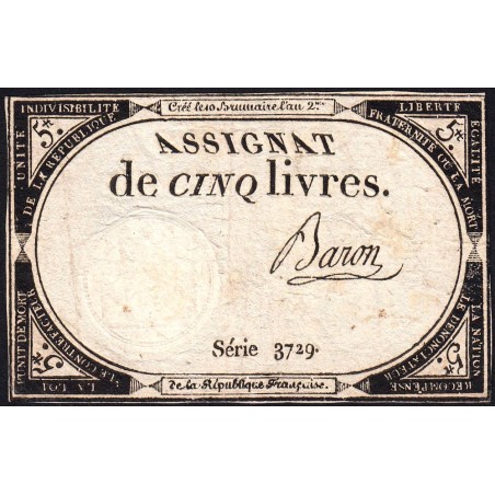 Assignat 46a - 5 livres - 10 brumaire an 2 - Signature 10 - Etat : TB+
