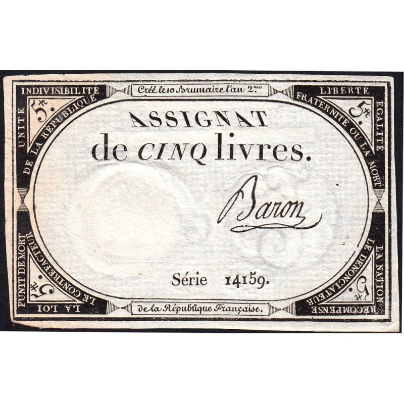 Assignat 46a - 5 livres - 10 brumaire an 2 - Signature 10 - Etat : SUP+