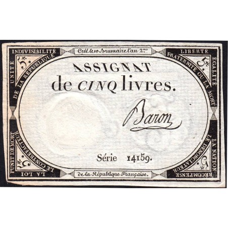 Assignat 46a - 5 livres - 10 brumaire an 2 - Signature 10 - Etat : SUP+