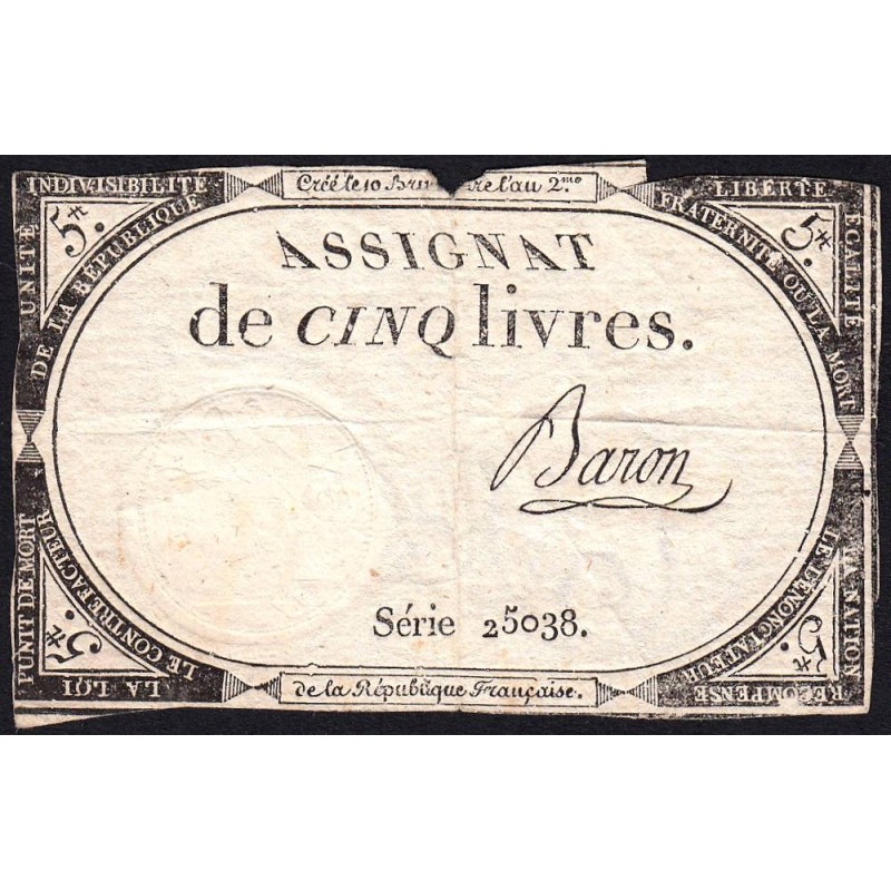 Assignat 46a - 5 livres - 10 brumaire an 2 - Signature 10 - Etat : B+