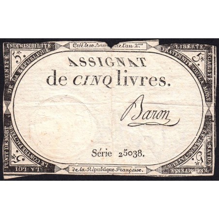 Assignat 46a - 5 livres - 10 brumaire an 2 - Signature 10 - Etat : B+