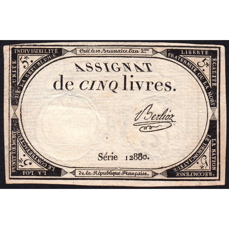 Assignat 46a - 5 livres - 10 brumaire an 2 - Signature 12 - Etat : TTB+