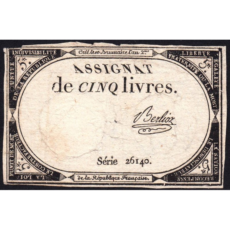 Assignat 46a - 5 livres - 10 brumaire an 2 - Signature 12 - Etat : TB