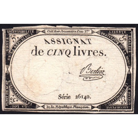 Assignat 46a - 5 livres - 10 brumaire an 2 - Signature 12 - Etat : TB