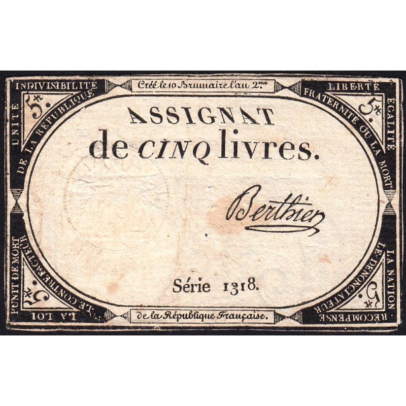 Assignat 46a - 5 livres - 10 brumaire an 2 - Signature 14- Etat : TB