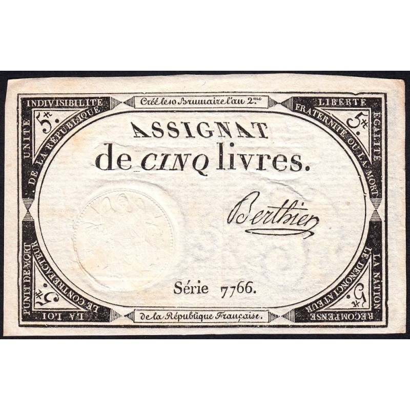 Assignat 46a - 5 livres - 10 brumaire an 2 - Signature 14- Etat : SUP+