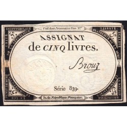 Assignat 46a - 5 livres - 10 brumaire an 2 - Signature 20 - Etat : TTB+