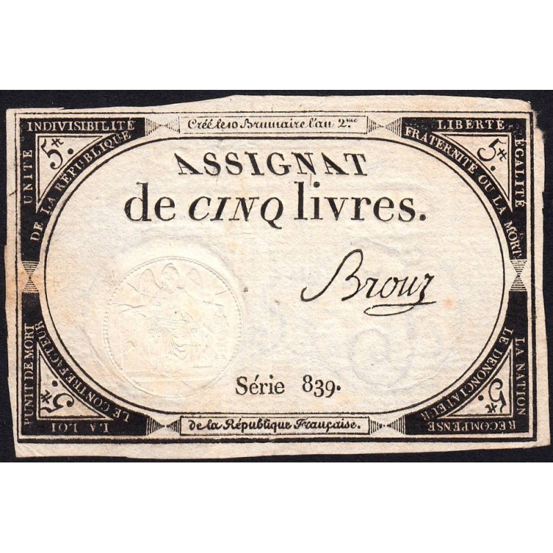 Assignat 46a - 5 livres - 10 brumaire an 2 - Signature 20 - Etat : TTB+