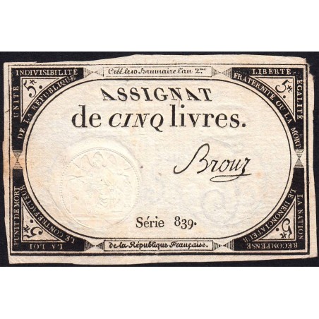 Assignat 46a - 5 livres - 10 brumaire an 2 - Signature 20 - Etat : TTB+