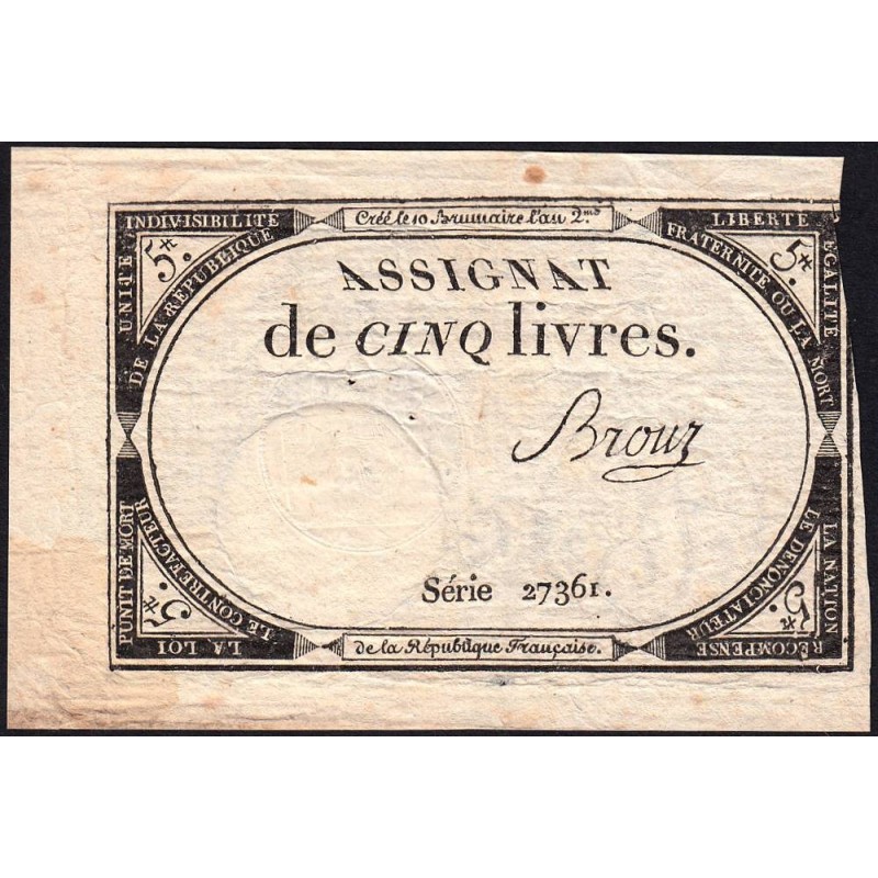 Assignat 46a - 5 livres - 10 brumaire an 2 - Signature 20 - Etat : TTB