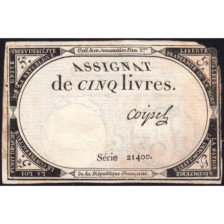 Assignat 46a - 5 livres - 10 brumaire an 2 - Signature 24 - Etat : TB-