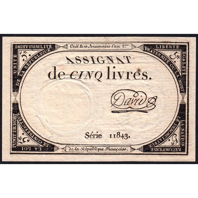 Assignat 46a - 5 livres - 10 brumaire an 2 - Signature 26 - Etat : SPL