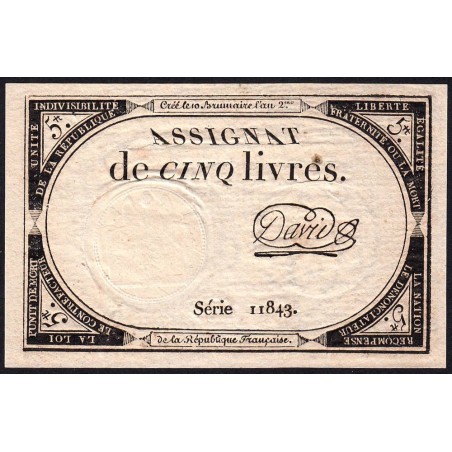 Assignat 46a - 5 livres - 10 brumaire an 2 - Signature 26 - Etat : SPL