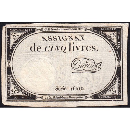 Assignat 46a - 5 livres - 10 brumaire an 2 - Signature 26 - Etat : TTB