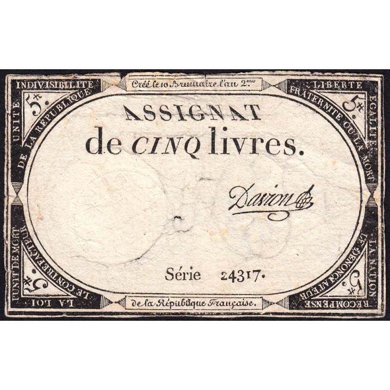 Assignat 46a - 5 livres - 10 brumaire an 2 - Signature 27 - Etat : TB-