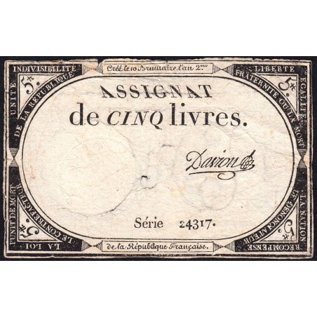Assignat 46a - 5 livres - 10 brumaire an 2 - Signature 27 - Etat : TB-