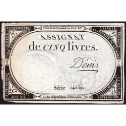 Assignat 46a - 5 livres - 10 brumaire an 2 - Signature 28 - Etat : TTB-