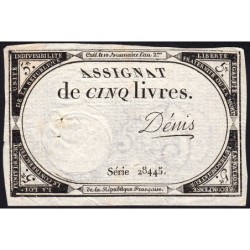 Assignat 46a - 5 livres - 10 brumaire an 2 - Signature 28 - Etat : TTB
