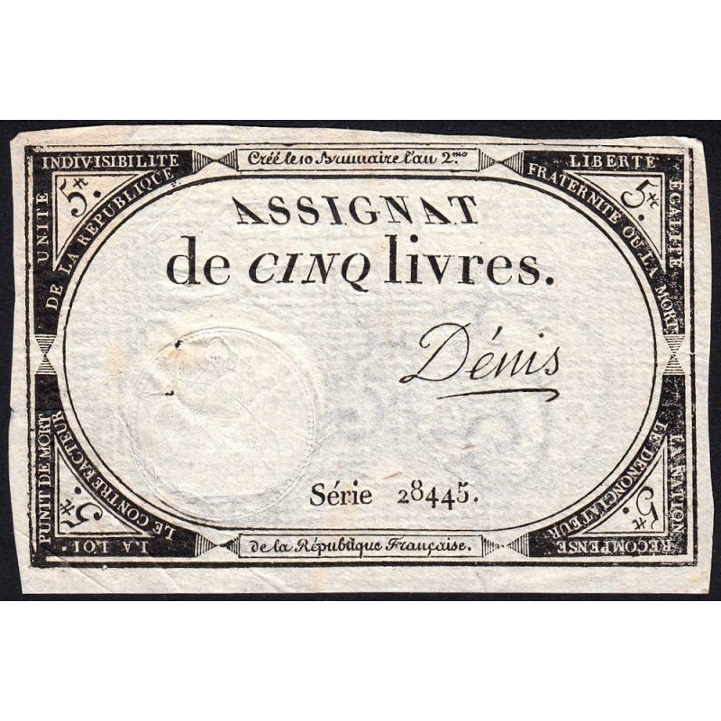 Assignat 46a - 5 livres - 10 brumaire an 2 - Signature 28 - Etat : TTB