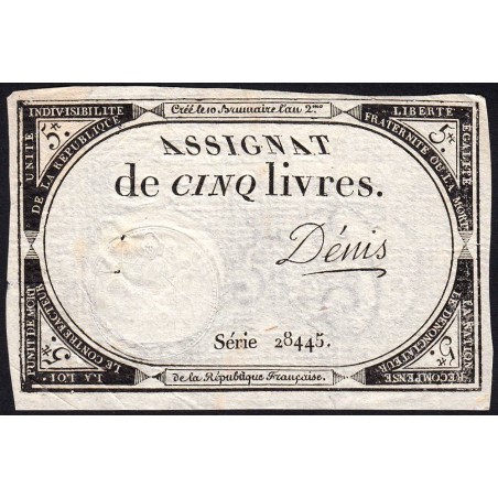Assignat 46a - 5 livres - 10 brumaire an 2 - Signature 28 - Etat : TTB