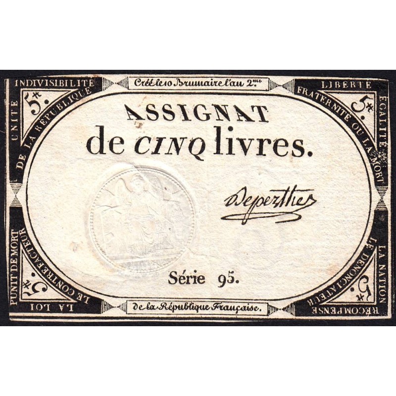Assignat 46a - 5 livres - 10 brumaire an 2 - Signature 29 - Etat : SUP