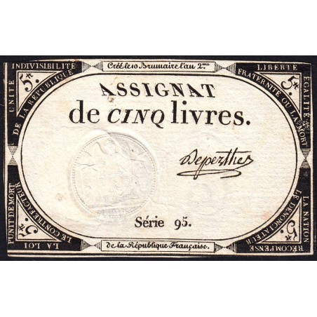 Assignat 46a - 5 livres - 10 brumaire an 2 - Signature 29 - Etat : SUP