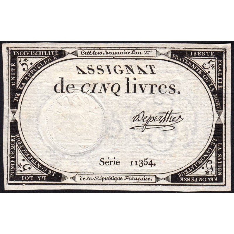 Assignat 46a - 5 livres - 10 brumaire an 2 - Signature 29 - Etat : SUP+