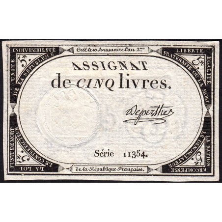 Assignat 46a - 5 livres - 10 brumaire an 2 - Signature 29 - Etat : SUP+