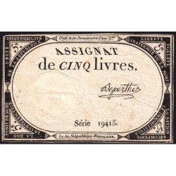 Assignat 46a - 5 livres - 10 brumaire an 2 - Signature 29 - Etat : TTB-