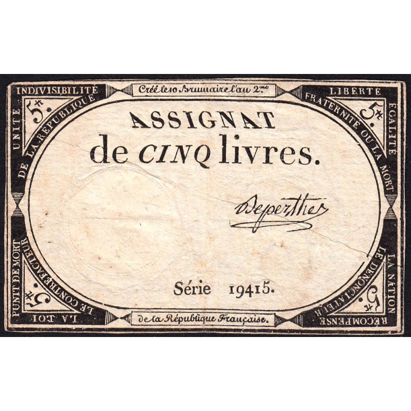 Assignat 46a - 5 livres - 10 brumaire an 2 - Signature 29 - Etat : TTB-