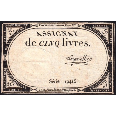 Assignat 46a - 5 livres - 10 brumaire an 2 - Signature 29 - Etat : TTB-