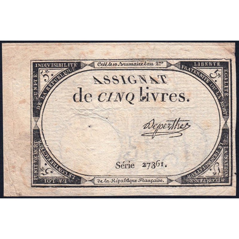 Assignat 46a - 5 livres - 10 brumaire an 2 - Signature 29 - Etat : TB+