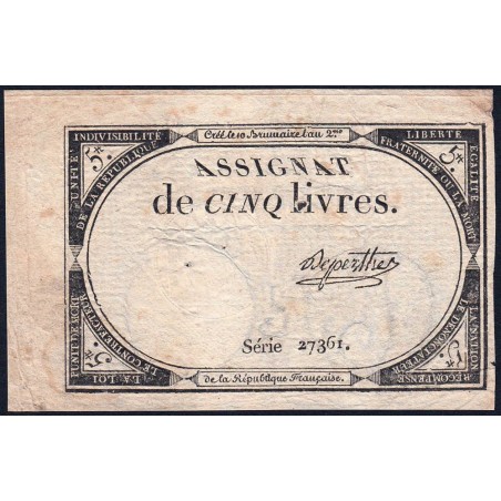 Assignat 46a - 5 livres - 10 brumaire an 2 - Signature 29 - Etat : TB+