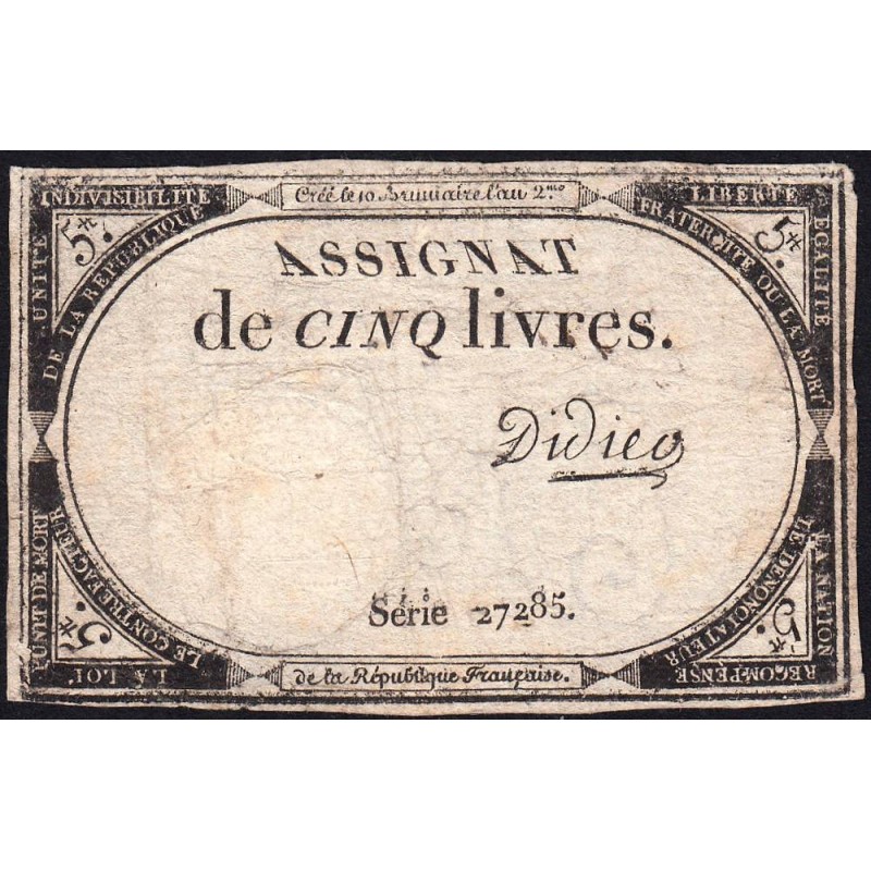 Assignat 46a - 5 livres - 10 brumaire an 2 - Signature 30 - Etat : TB