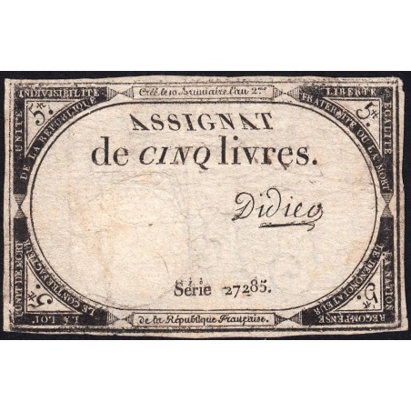 Assignat 46a - 5 livres - 10 brumaire an 2 - Signature 30 - Etat : TB