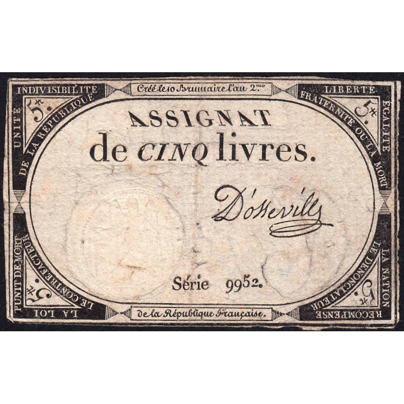 Assignat 46a - 5 livres - 10 brumaire an 2 - Signature 31 - Etat : TB-