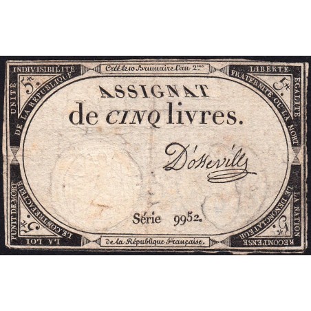 Assignat 46a - 5 livres - 10 brumaire an 2 - Signature 31 - Etat : TB-