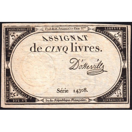 Assignat 46a - 5 livres - 10 brumaire an 2 - Signature 31 - Etat : TTB+