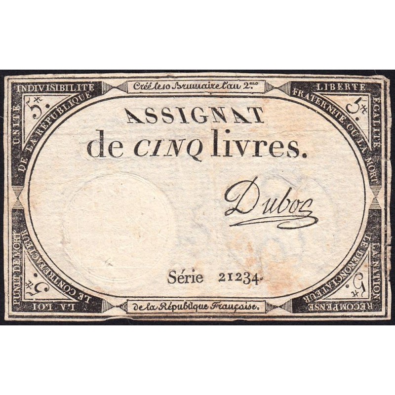 Assignat 46a - 5 livres - 10 brumaire an 2 - Signature 33 - Etat : TTB-