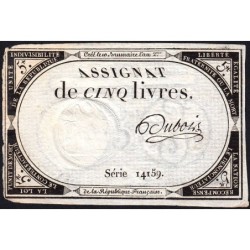 Assignat 46a - 5 livres - 10 brumaire an 2 - Signature 34 - Etat : TTB-